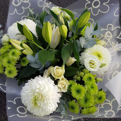 Classic Elegance - A timeless bouquet featuring white chrysanthemums, green button poms, and white roses, perfect for any elegant occasion.